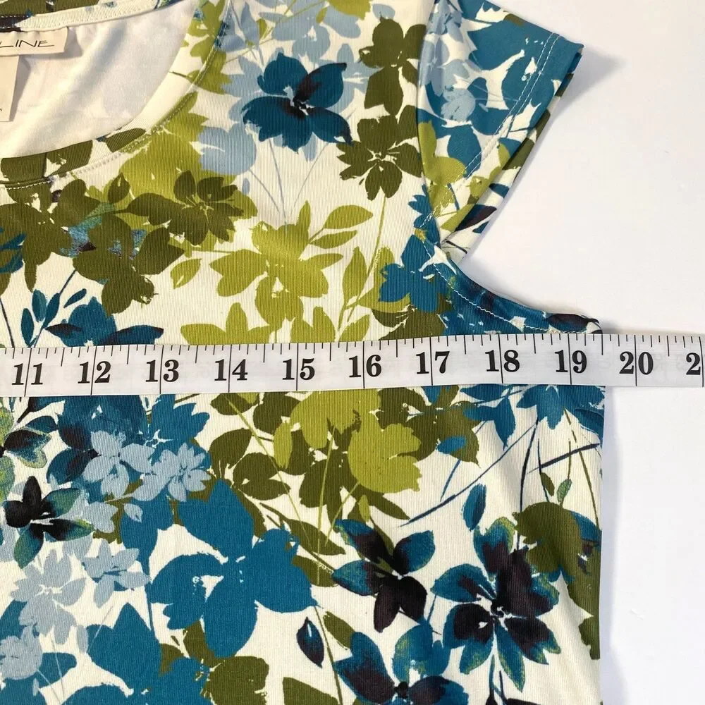 Emaline Floral T Shirt Womens Size Small Green Blue Multi Cap Sleeves Excellent